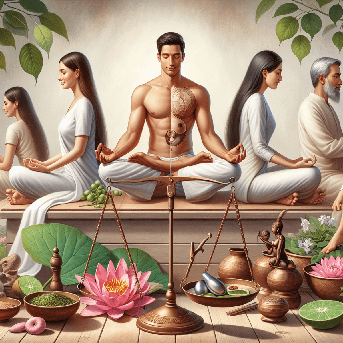 22 Year Old DAD Formulation Hope In Infertility 2 A serene Ayurvedic scene depicting individuals of Caucasian, Asian, and Hispanic descent engaged in meditation and preparing herbal remedies. The composition includes balance scales, a lotus flower, and a Yin yang symbol, subtly conveying themes of physical, emotional, and spiritual health. The atmosphere is tranquil, emphasizing a holistic approach to wellness with an underlying hint towards the topic of infertility.