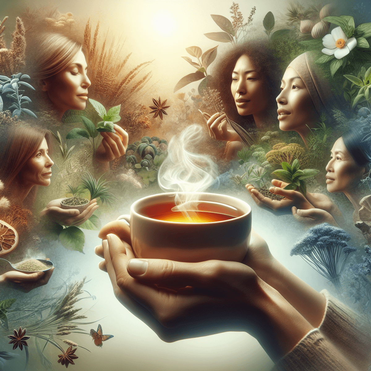 22 Year Old DAD Formulation Hope In Infertility 6 A steaming cup of herbal tea sits at the center, surrounded by a variety of lush herbs and spices. In the background, a tranquil setting is captured in soft focus, enhancing the serene atmosphere. Three women—Caucasian, Asian, and Hispanic—are engaged in warm conversation, their expressions reflecting connection and joy. The scene embodies wellness and the comforting ritual of sharing tea.