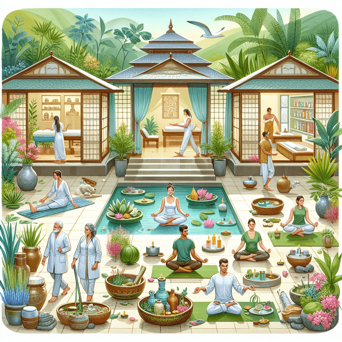 22 Year Old DAD Formulation Hope In Infertility 3 A serene Ayurvedic wellness center featuring individuals of Caucasian, Asian, and Hispanic descents engaged in yoga and mindfulness meditation. The environment is lush with green plants and Ayurvedic herbs being prepared for treatments, symbolizing prosperity and harmony. The color palette is soothing and calming, with realistic details showcasing the people and the tranquil setting.