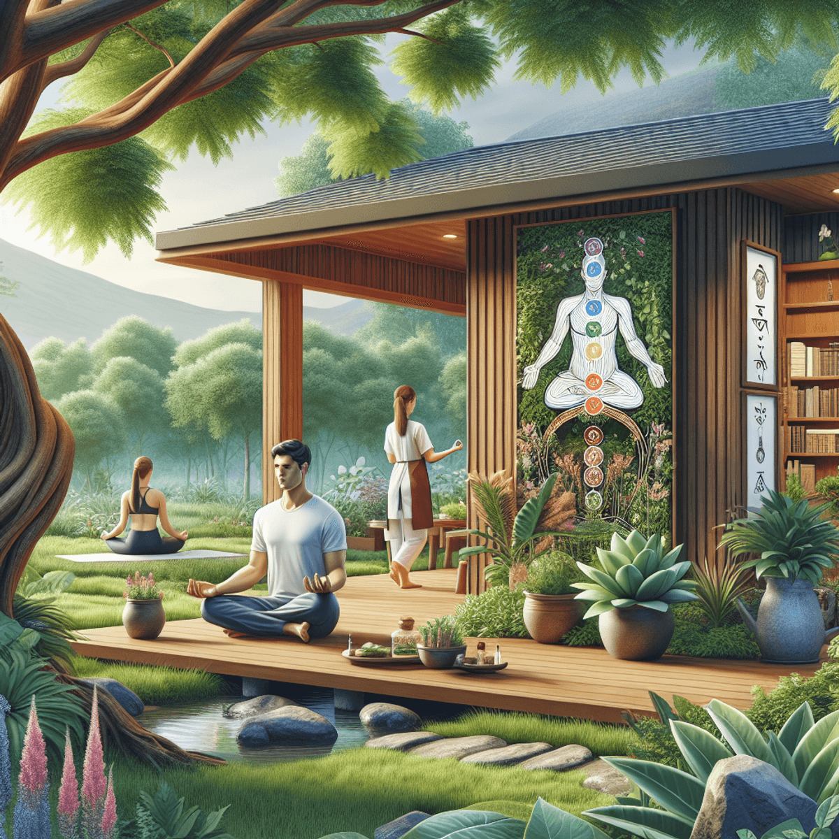 22 Year Old DAD Formulation Hope In Infertility 9 A serene Ayurvedic clinic surrounded by lush greenery, featuring a Caucasian man meditating under a neem tree and an Asian woman practicing yoga. The scene highlights wellness activities, with healing herbs in plant pots and chakra symbols integrated into the clinic's design, symbolizing natural fertility and holistic health.