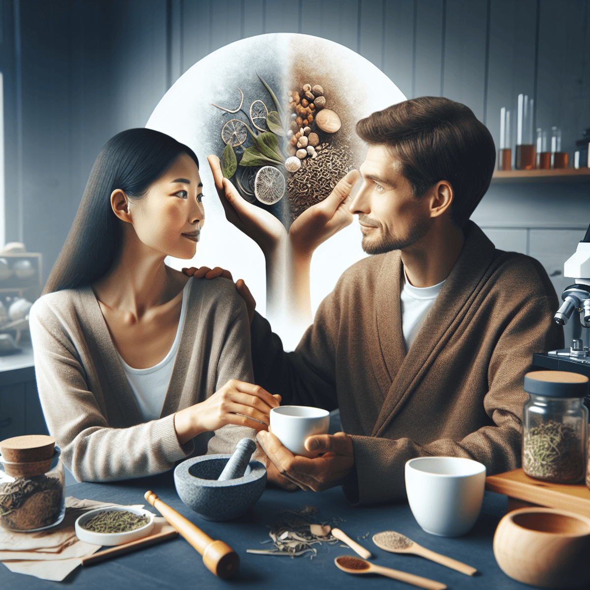 22 Year Old DAD Formulation Hope In Infertility 7 A cozy kitchen scene featuring an Asian woman and a Caucasian man seated together at a table, sharing a warm cup of tea. They gaze at each other with expressions of hope and support. The background is filled with traditional herbal remedy items like grinding stones, mortar and pestle, and dried herbs, alongside modern research tools such as microscopes and test tubes, symbolizing the fusion of old and new fertility solutions. The overall atmosphere is inviting and intimate, capturing a moment of connection amidst the blend of cultures.