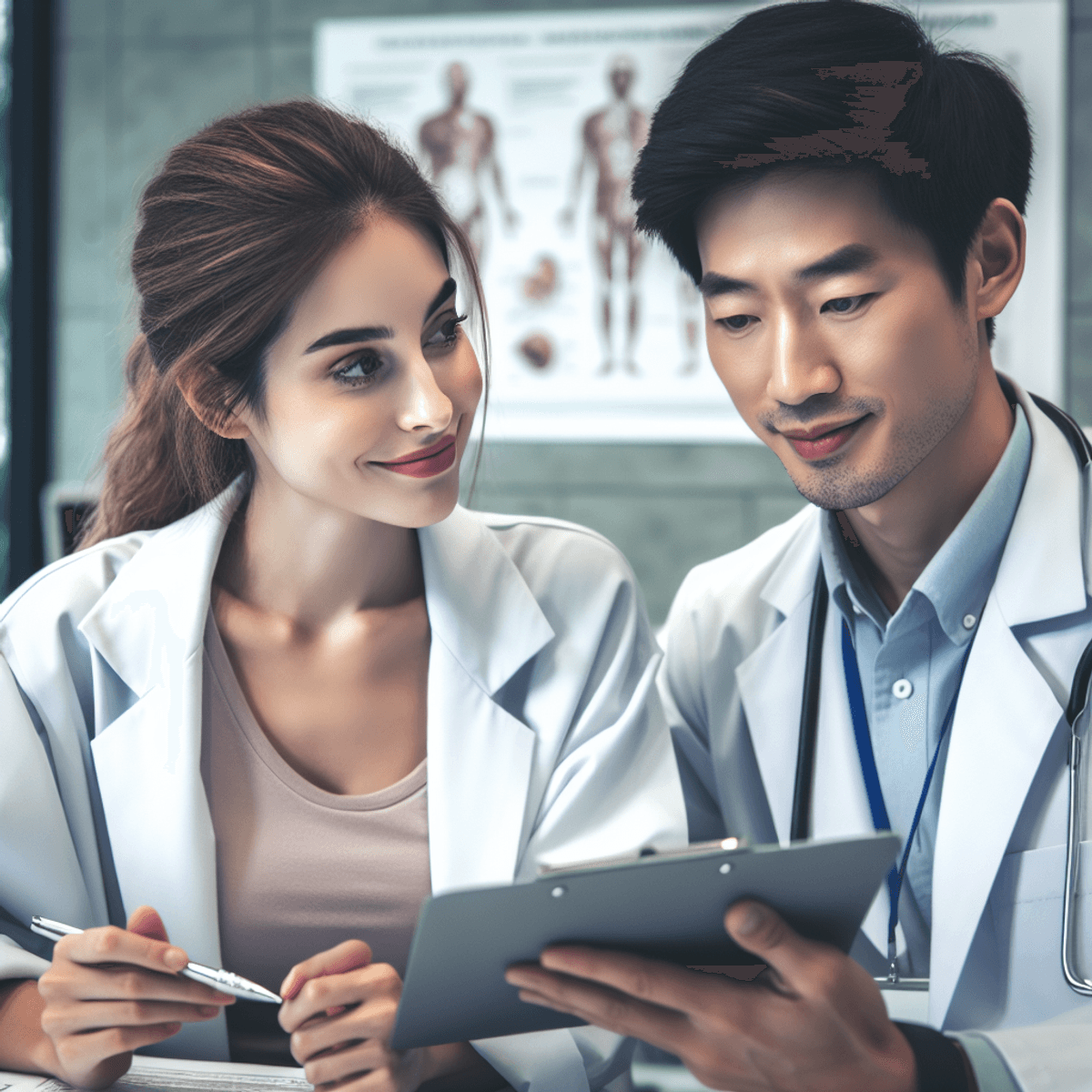 22 Year Old DAD Formulation Hope In Infertility 10 A Caucasian woman and an Asian man, both healthcare professionals, are engaged in a warm and friendly discussion about fertility treatments in a cozy clinic setting. Their expressions convey compassion and professionalism as they share insights. The background features medical charts and equipment, subtly indicating their healthcare environment, while the focus remains on their interaction and the supportive atmosphere.