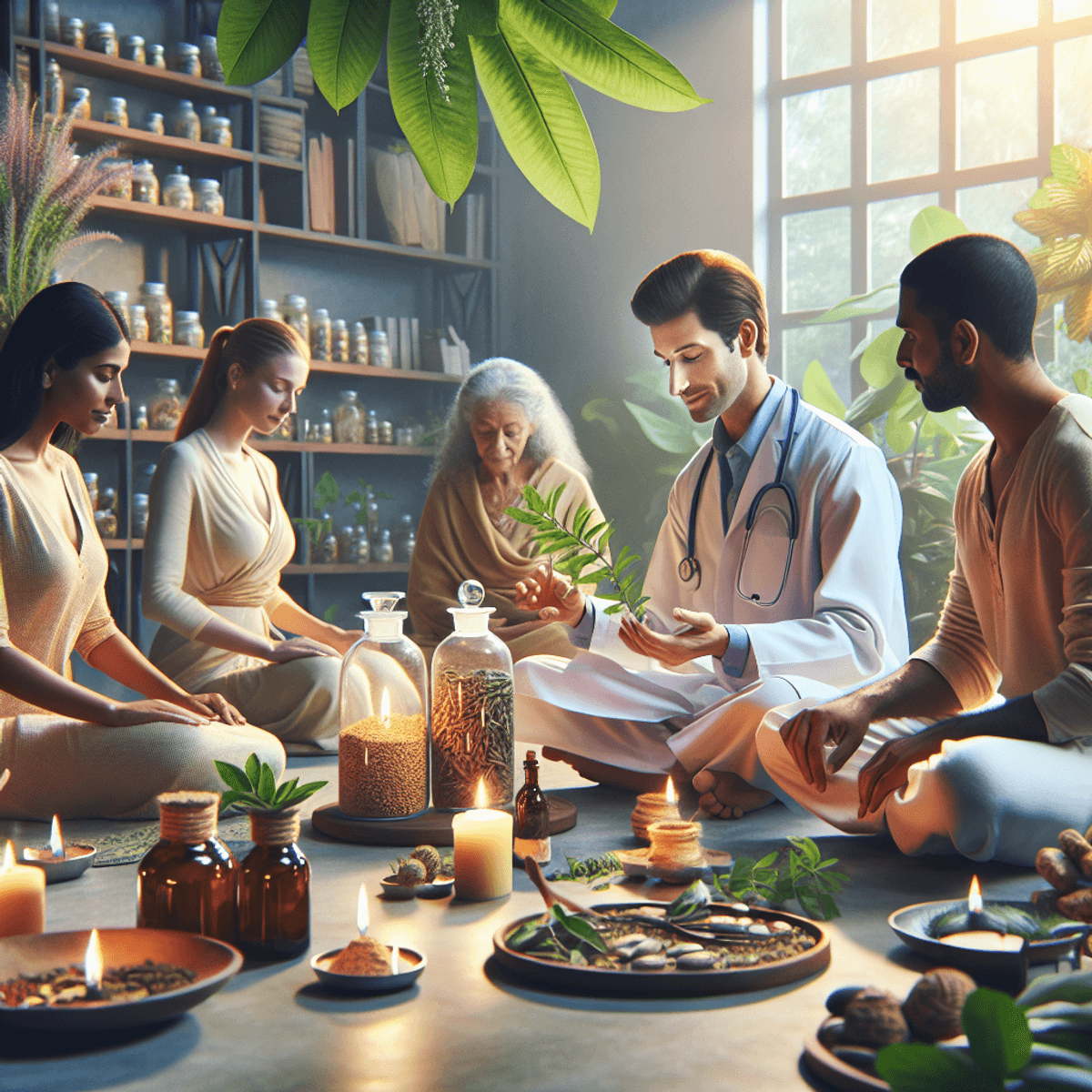 22 Year Old DAD Formulation Hope In Infertility 5 A serene Ayurvedic clinic setting with a diverse group of individuals, including Caucasian and Hispanic people, engaged in a focused discussion about herbal formulations. The space is adorned with lush herbal plants and traditional medicine jars, creating an ambiance of wellness and spirituality. Warm, inviting colors and soft lighting enhance the tranquil atmosphere, reflecting the essence of Ayurvedic healing.