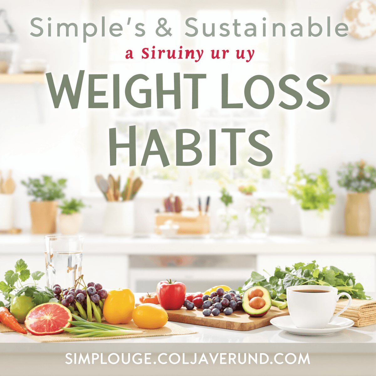 Bright kitchen countertop with fresh fruits, vegetables, a glass of water, and a cup of coffee, representing healthy and sustainable weight loss habits.