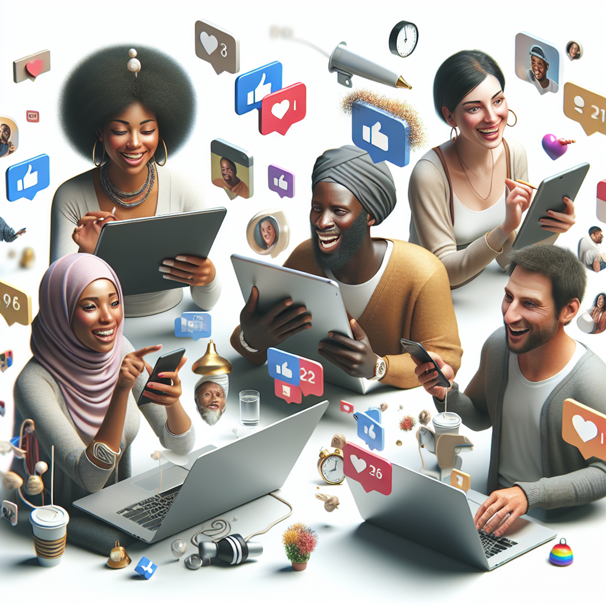 A Caucasian woman on a tablet, an African man on a smartphone, a Hispanic woman on a laptop, and a Middle-Eastern man on a desktop computer are engrossed in social media interactions. They express joy, surprise, and excitement while like and share icons, notification bells, and friend requests float around them.