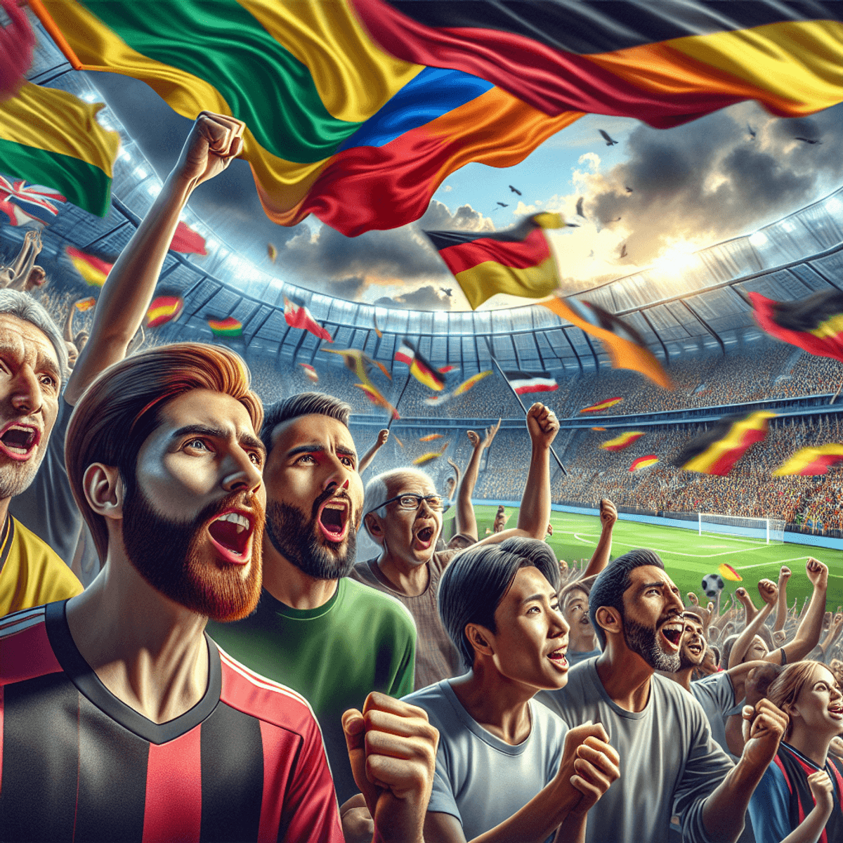 Sebuah stadion yang ramai dipenuhi oleh penggemar yang antusias dengan latar belakang yang beragam, termasuk individu-individu keturunan Kaukasus, Hispanik, dan Asia, semua bersorak dengan penuh semangat mengenakan warna tim kesayangan mereka. Wajah-wajah mereka terpancar kegembiraan sambil melambaikan bendera-bendera yang berkibar seiring dengan warna tim, menciptakan atmosfer yang hidup akan rasa persatuan dan semangat sportivitas menjelang pertandingan sepak bola.
