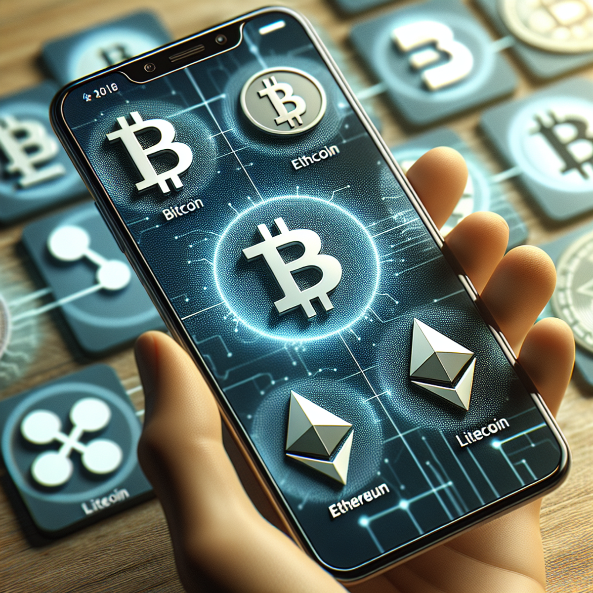 Close-up of a smartphone screen with cryptocurrency symbols.