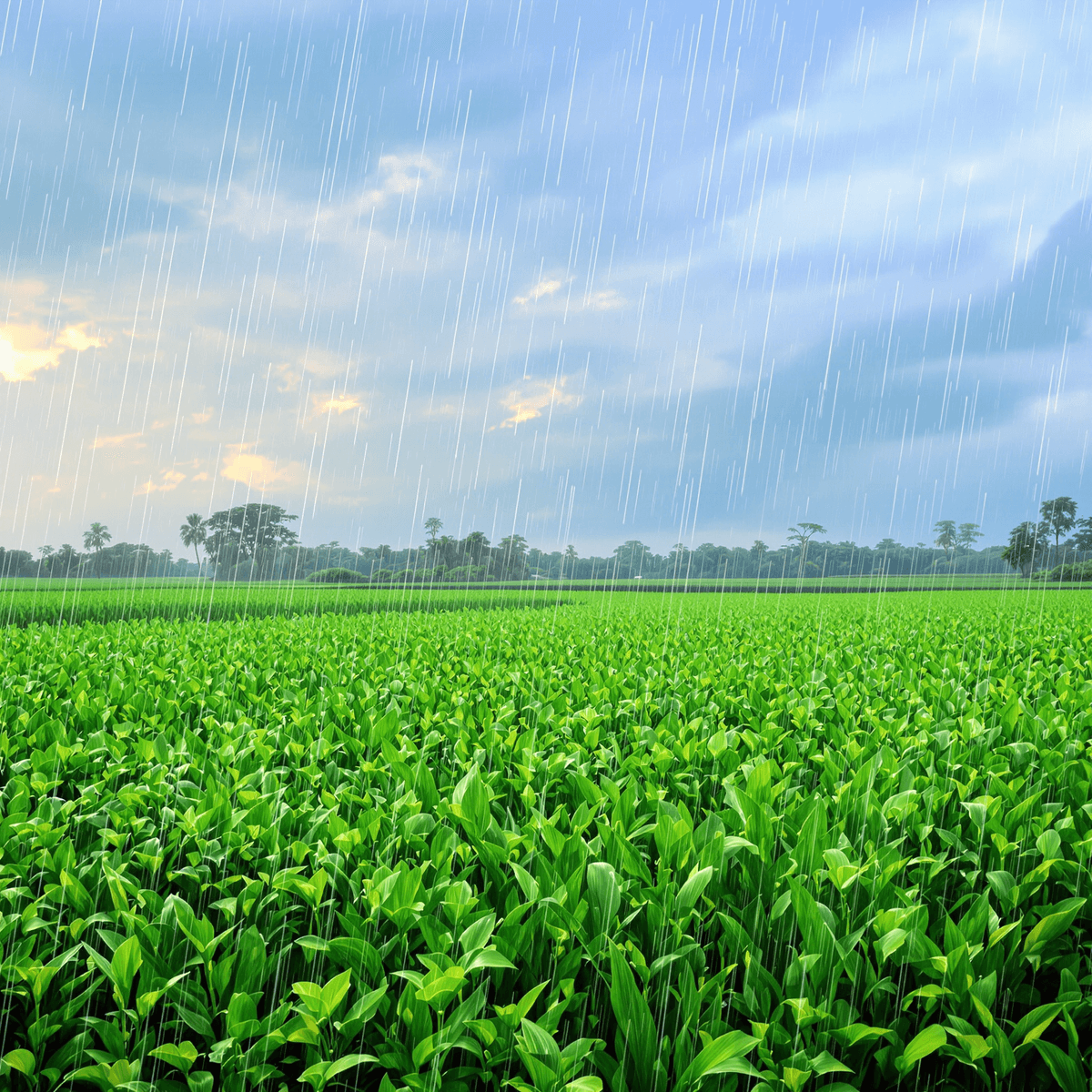 विभिन्न भारतीय खेतों में हरियाली से भरे फसलें, मानसून के दौरान हल्की बारिश और आंशिक रूप से बादल वाले आसमान के साथ, पृष्ठभूमि में सूक्ष्म मौसम प्रतीकों के साथ।