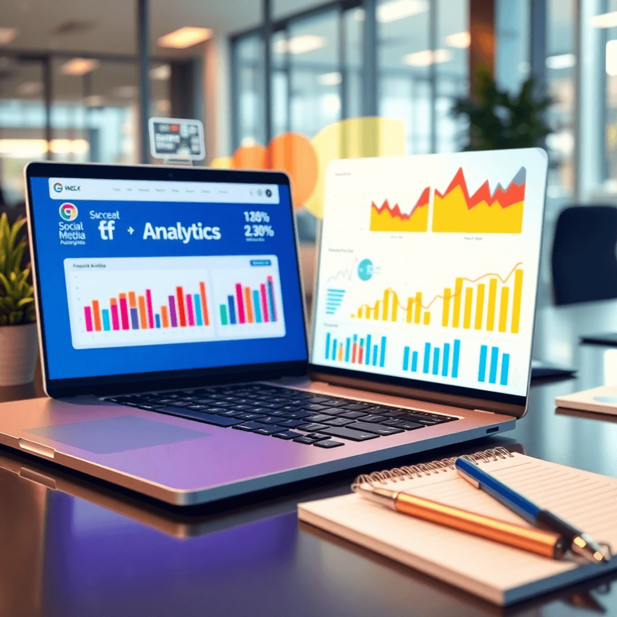 A digital workspace with a laptop showing social media ads analytics, colorful graphs, and charts, accompanied by a notepad and pen in a modern office setting.