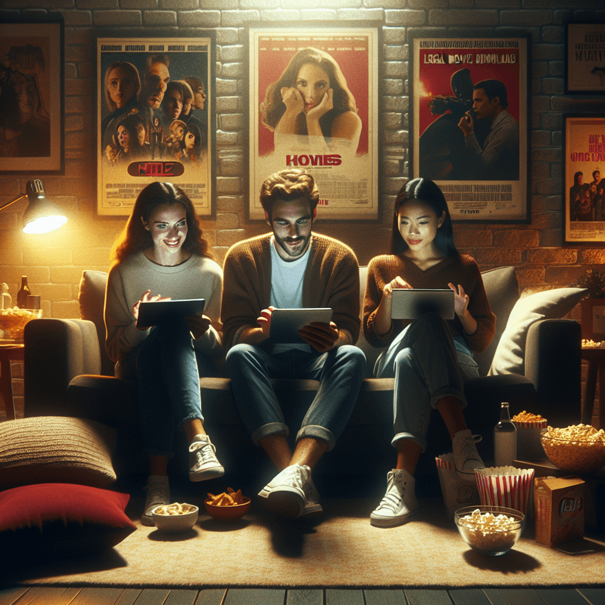 A Caucasian female, a Hispanic male, and an Asian female sit in a cozy living room, each focused on their laptops and tablets. Their faces glow from the screens as they engage in lively conversation about films. The walls feature iconic movie symbols on posters, and an array of snacks is scattered around them, enhancing the relaxed and enjoyable setting.