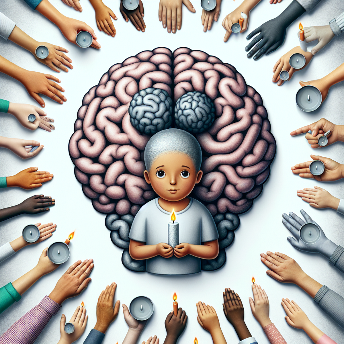 A child of diverse ethnicity holding a large, translucent brain with a shadowy lump depicting a brain tumor. Surrounding the child are candle flames, the color gray, and a multitude of hands reaching towards the centerpiece.