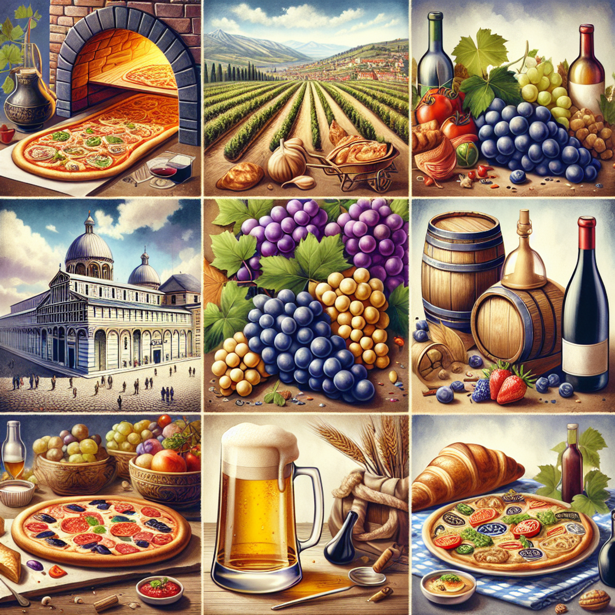 A wooden, brick oven for Italian pizza making, plump grapes and a wine bottle representing France's vineyards, a large beer stein showcasing Germany's brewing culture, and a plate of tapas symbolizing Spain's dining tradition.