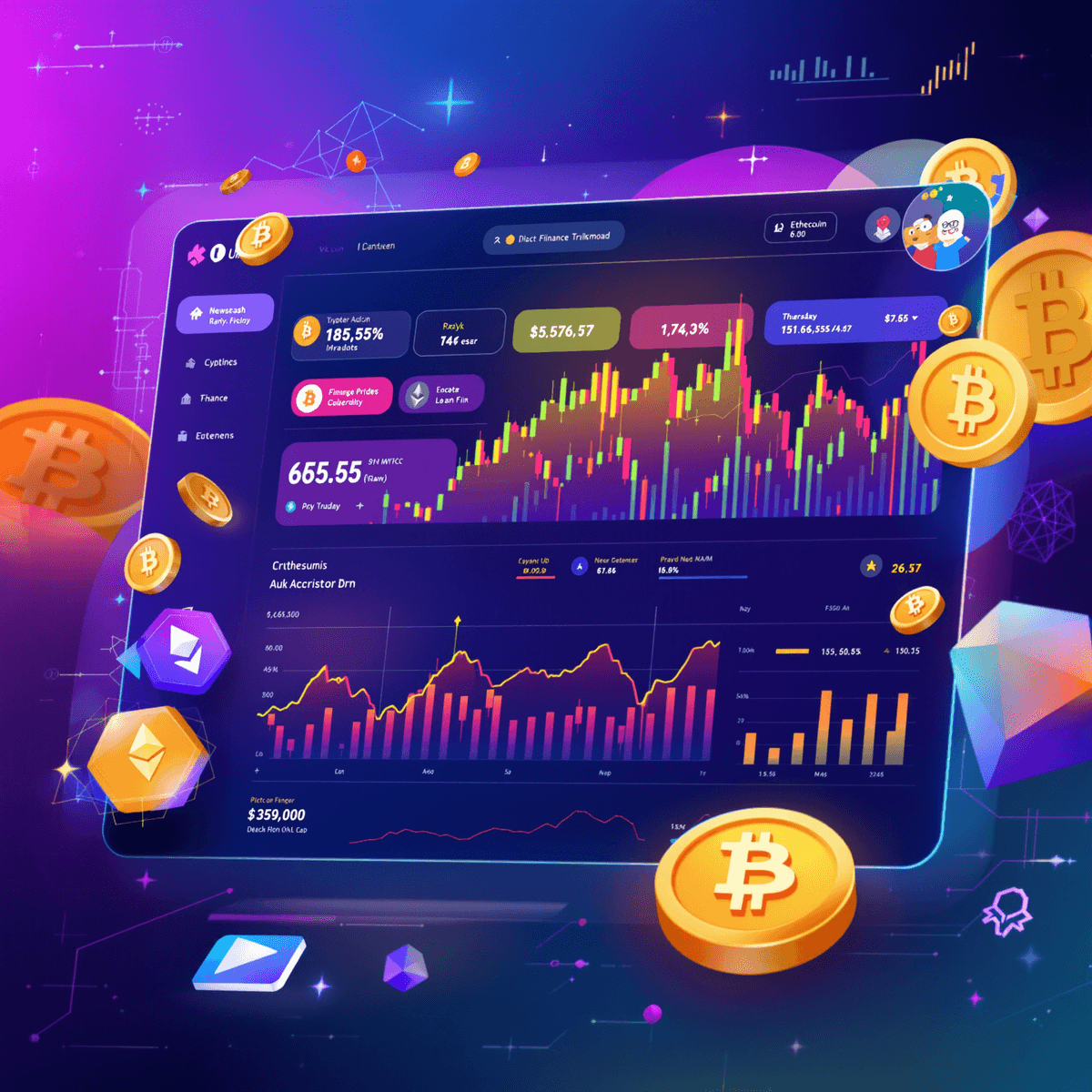 A modern cryptocurrency trading dashboard with vibrant price charts and symbols like Bitcoin and Ethereum, set against a digital-themed background of abstract shapes.