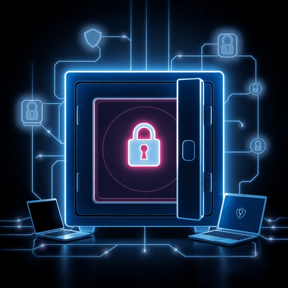 A modern digital vault with a glowing lock, surrounded by interconnected devices and glowing lines on a dark background symbolizing encrypted data flow.
