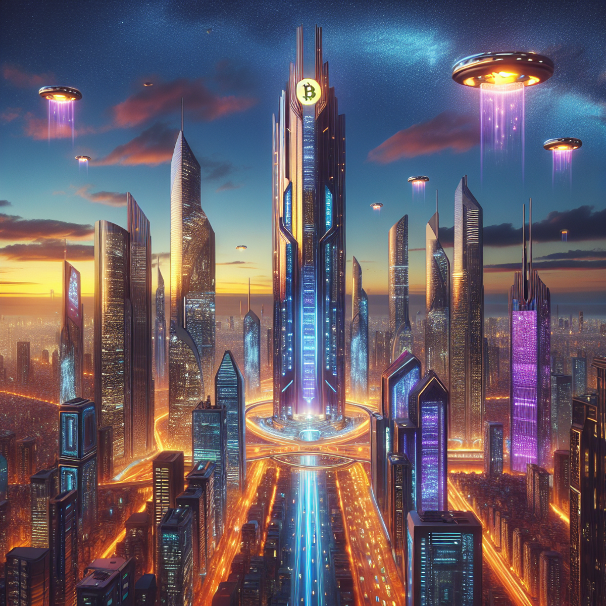 Futuristic cityscape with glowing skyscrapers and Bitcoin symbol.
