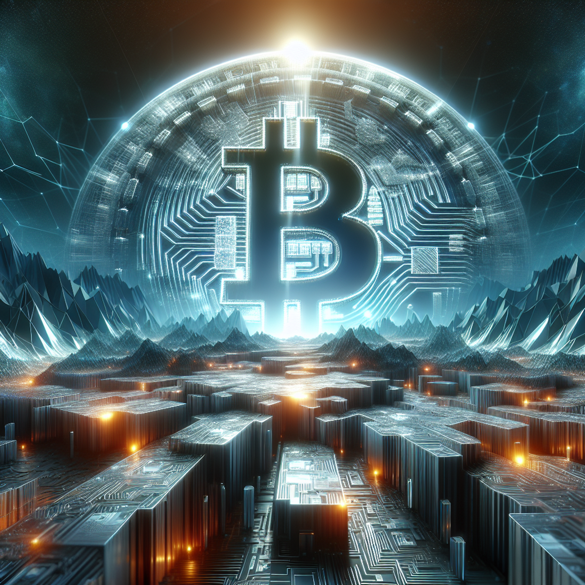 A digital landscape with a shimmering Bitcoin symbol rising from a complex, cybernetic terrain of geometric shapes and lines.