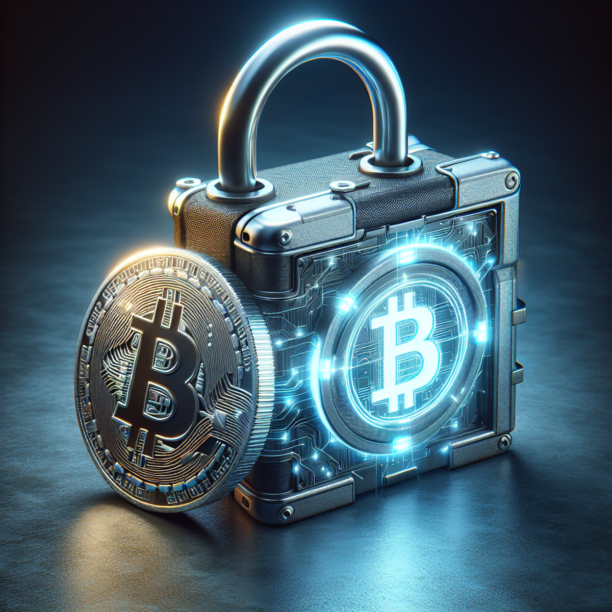 A close-up image of a robust metal padlock attached to a high-tech digital wallet, symbolizing high security for Bitcoin storage.