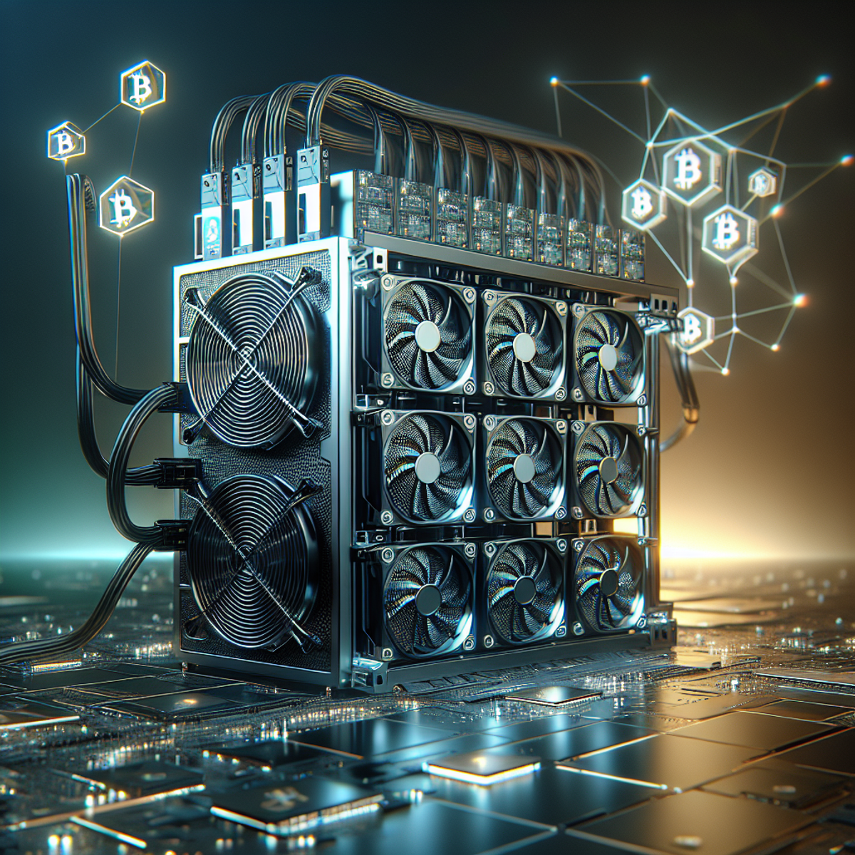 A futuristic mining rig with powerful processors and graphics cards connected to a web of blockchain nodes, symbolizing the efficiency and potential of bitcoin and crypto mining in 2024.