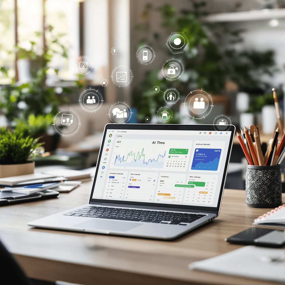 A modern office with a sleek desk and laptop showing data analytics, digital calendar, and AI icons. Bright workspace with plants and stationery, exuding professionalism.