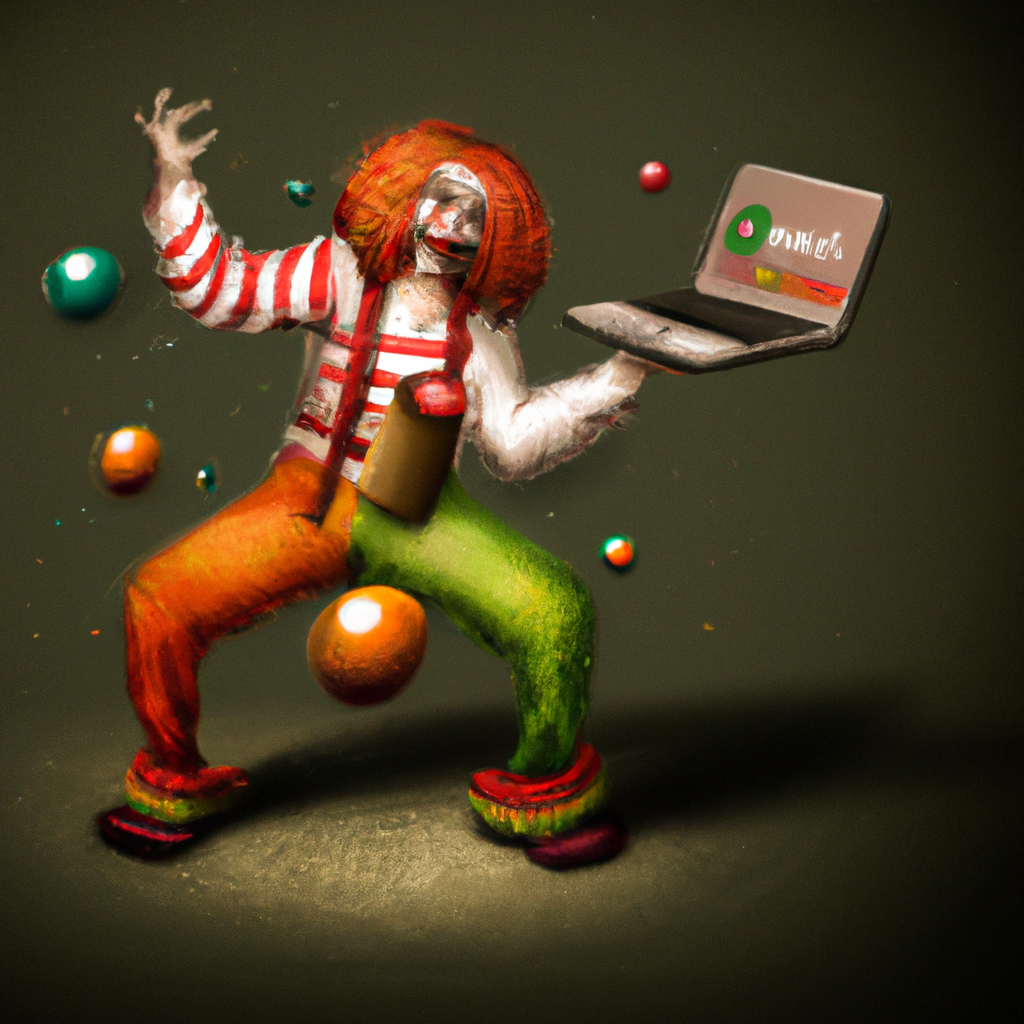 A juggling clown with a laptop and a book, symbolizing the balancing act between SEO and user-focused content.