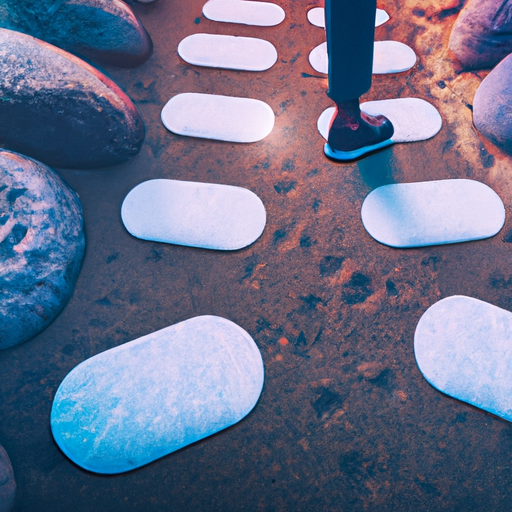 A person stepping on stones shaped like speech bubbles, symbolizing user-generated content, leading towards a bright light representing novel content ideas.