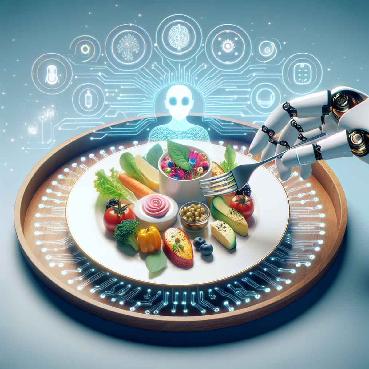 A robotic arm serving a gourmet dish with subtle symbols of artificial intelligence and technology.