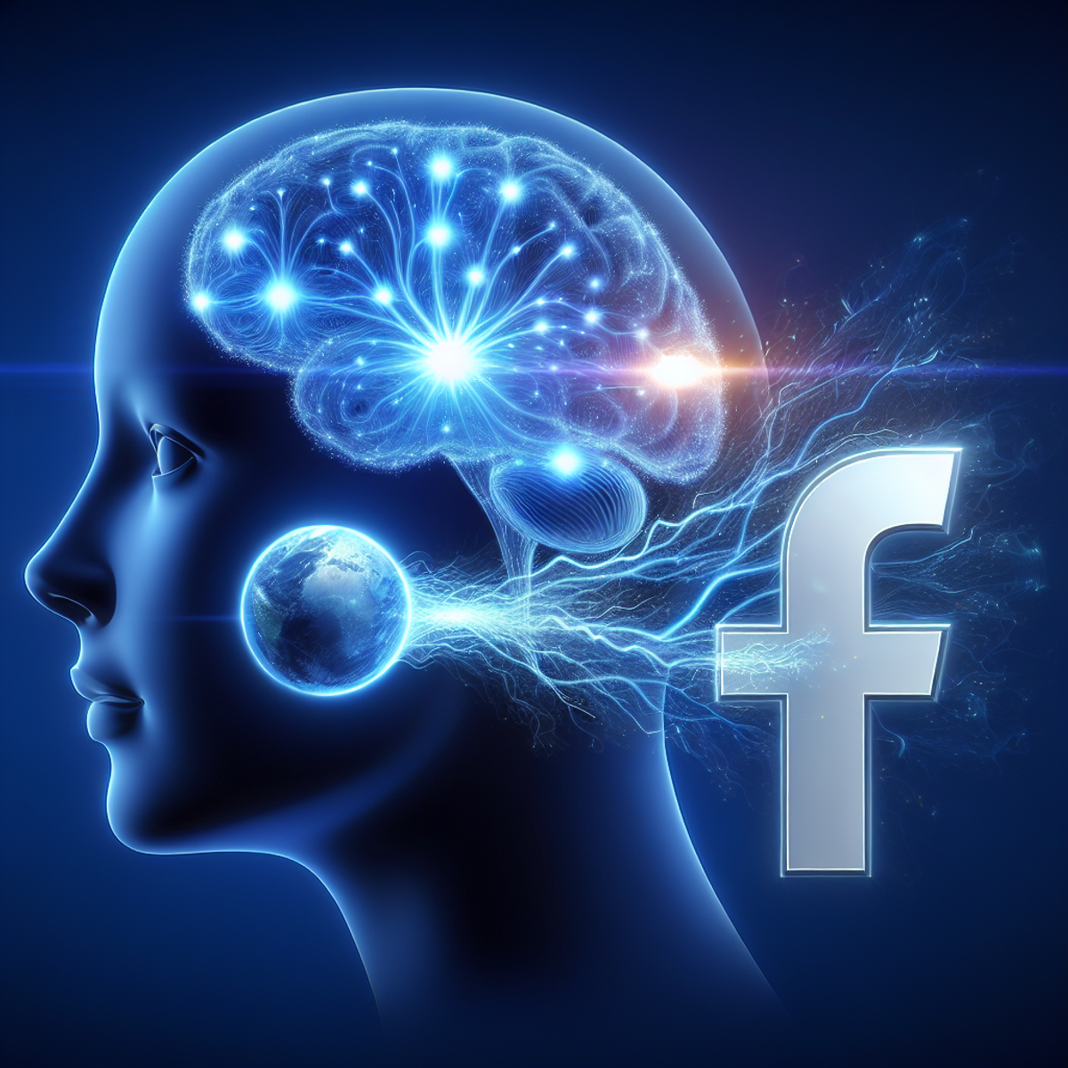 A glowing, futuristic AI brain creating content for Facebook, connected by digital energy to a simplified Facebook logo.