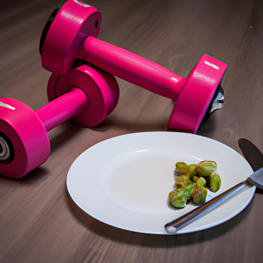 A dumbbell and a plate of healthy food on a table, symbolizing the combination of workouts and nutrition in a fitness blog.