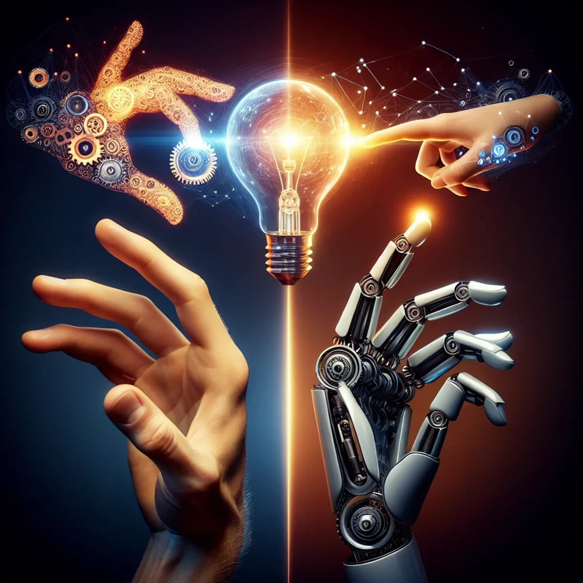 A human hand and a robotic hand clasping together over a gear and lightbulb intertwined.