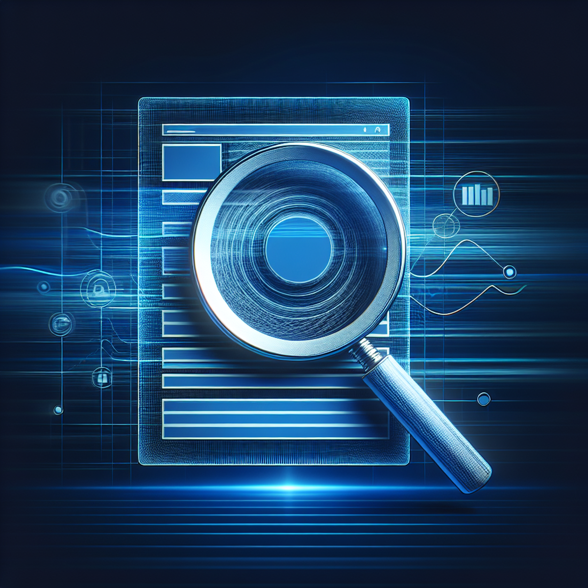 A magnifying glass hovering over an abstract website page with digital blue highlights and metadata focus.