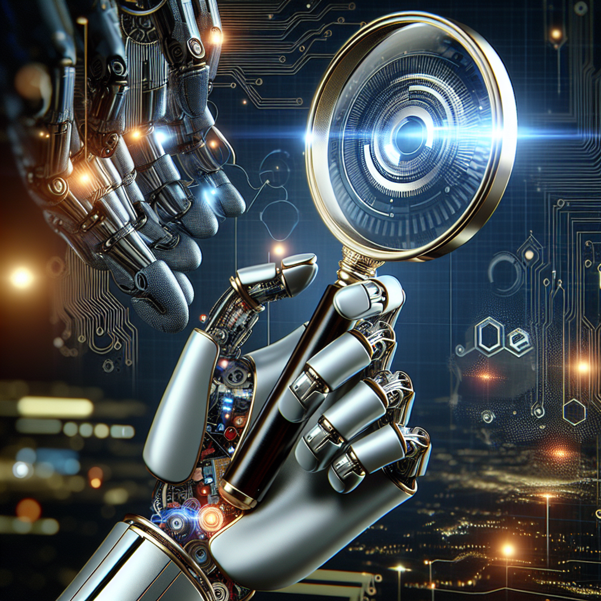 Futuristic robot hand holding magnifying glass focused on business symbol.