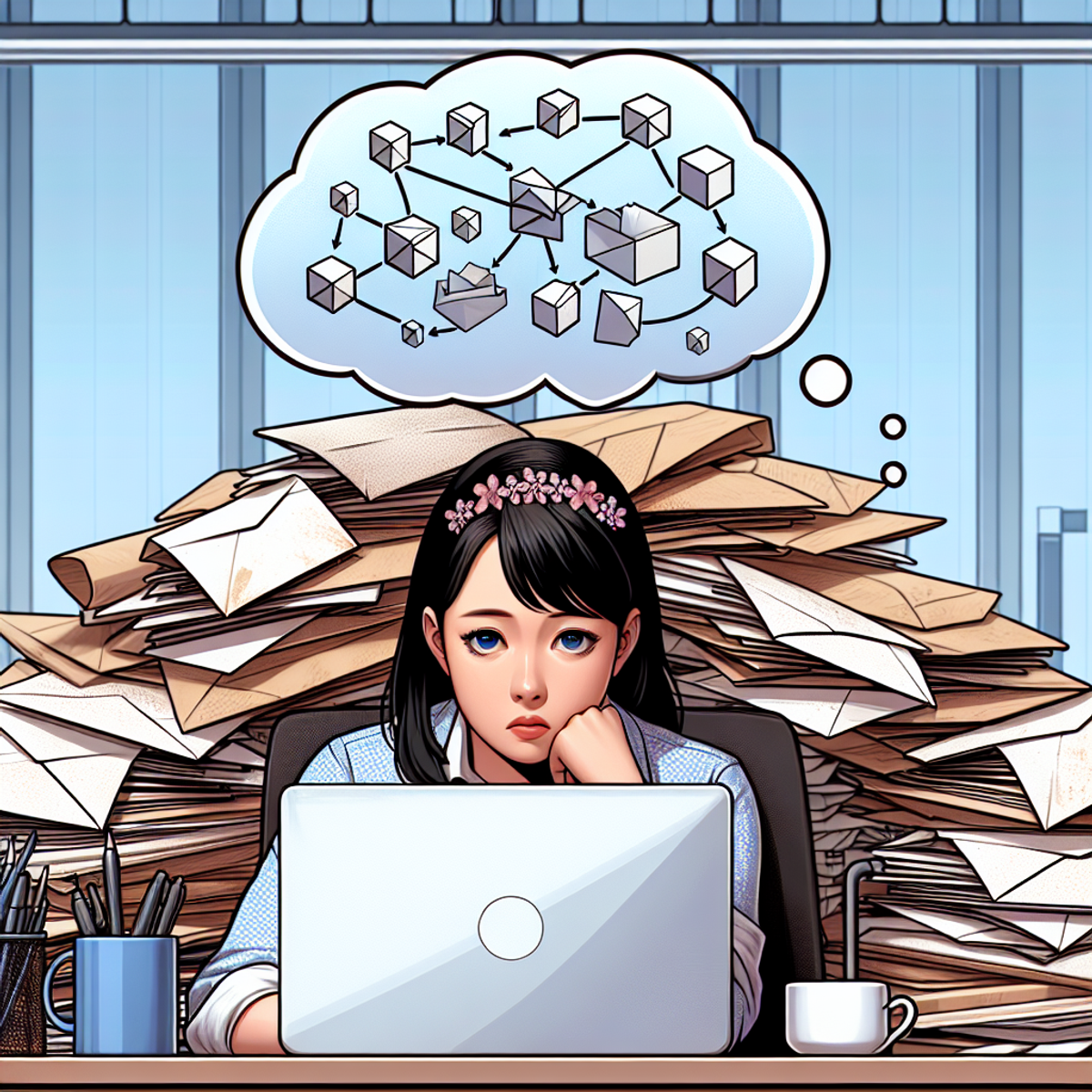 A woman sitting at a desk covered in letters and envelopes, looking stressed but determined. Above her head, a thought bubble shows connected cubes with arrows, representing an AI algorithm processing responses.