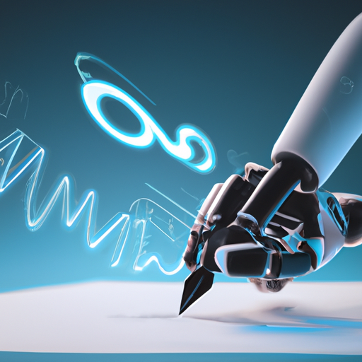 An abstract representation of the future, with a robotic arm holding a pen and writing on a digital screen, surrounded by futuristic technology symbols. Symbolizing AI creating blog posts.
