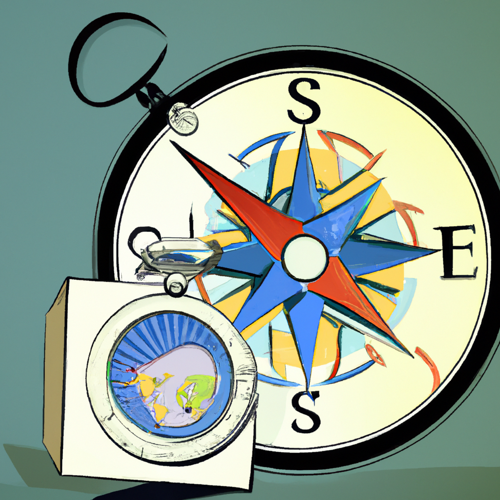 A digital art representation of a compass with a map, symbolizing local SEO for moving companies.