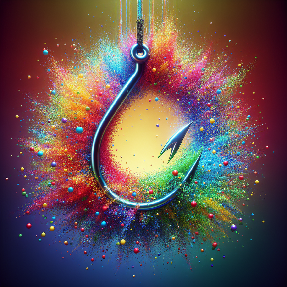 Fishing hook surrounded by colorful confetti, symbolizing an AI Hook Generator.