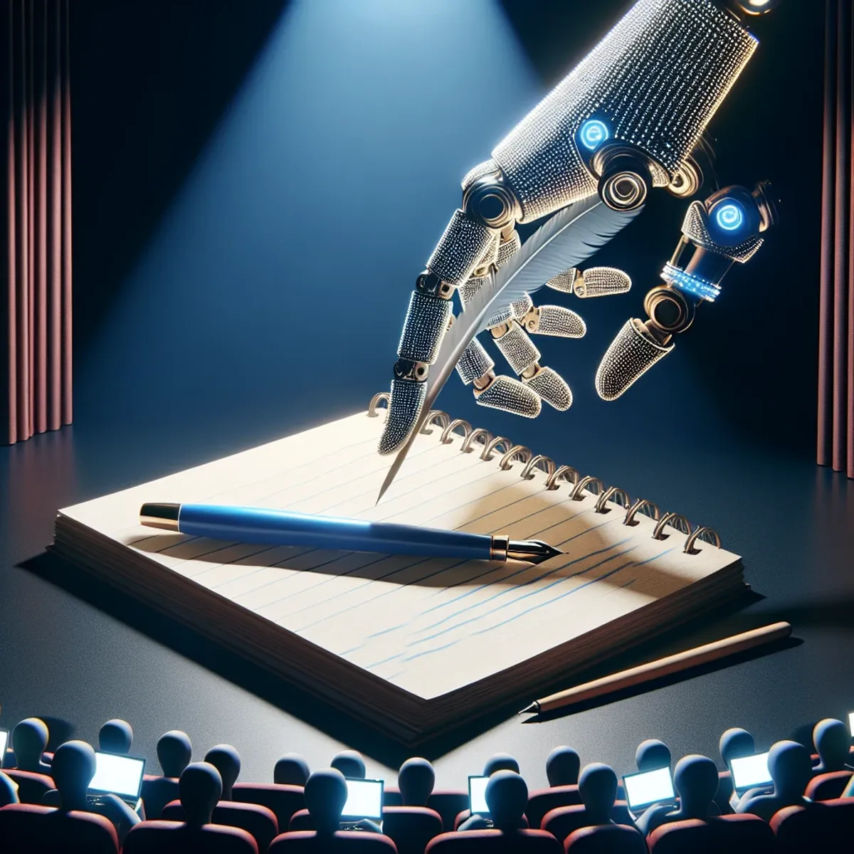 An illuminated theater stage with a classic quill pen and a spiral-bound script notebook open to blank pages in the spotlight. A large, sleek robotic hand poised to aid in the writing process hovers just off-stage. In the audience, multiple laptops and devices with glowing screens symbolize AI's capacity for collaboration and real-time feedback in scripting.