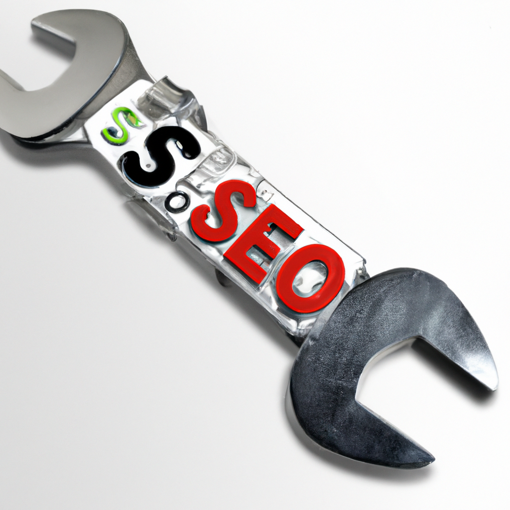 A digital art representation of a plumber's wrench with SEO keywords floating around it.