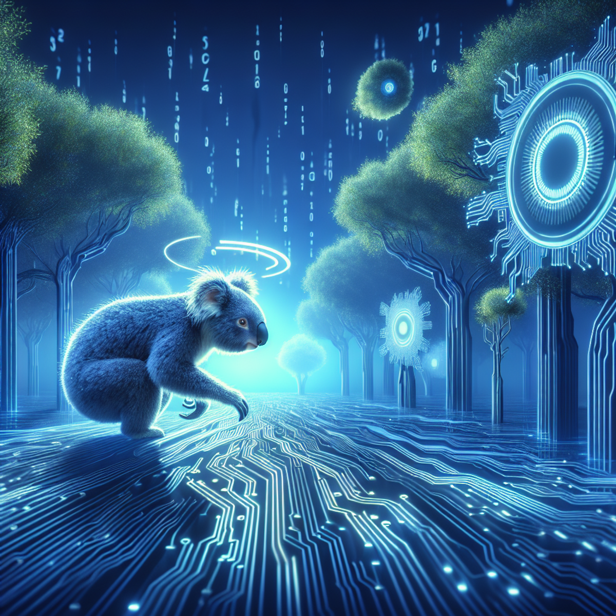 A koala with a futuristic tech halo navigating through a digital forest.