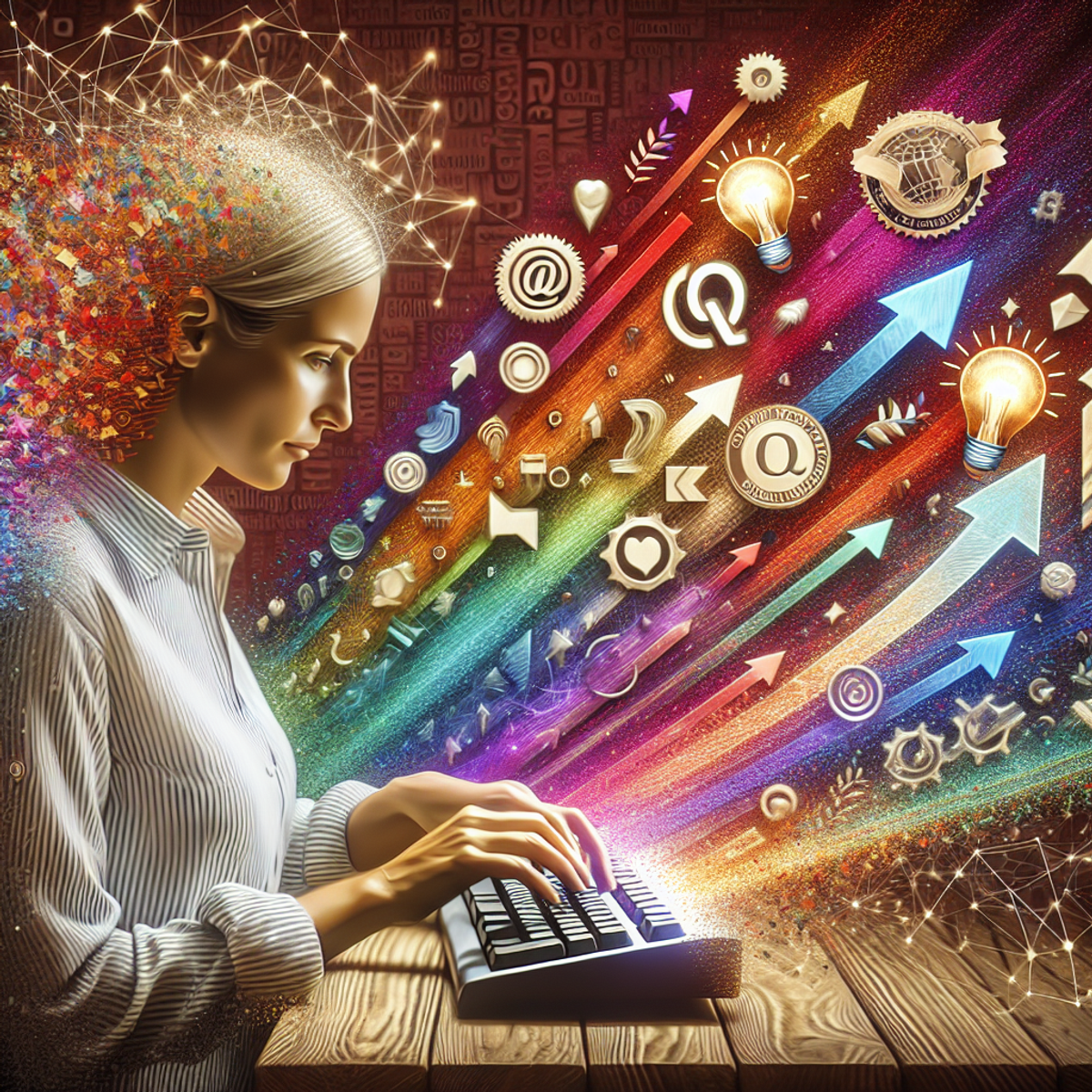 A woman typing on a keyboard with colorful bursts of lightbulbs, arrows, and a quality seal emanating from it.