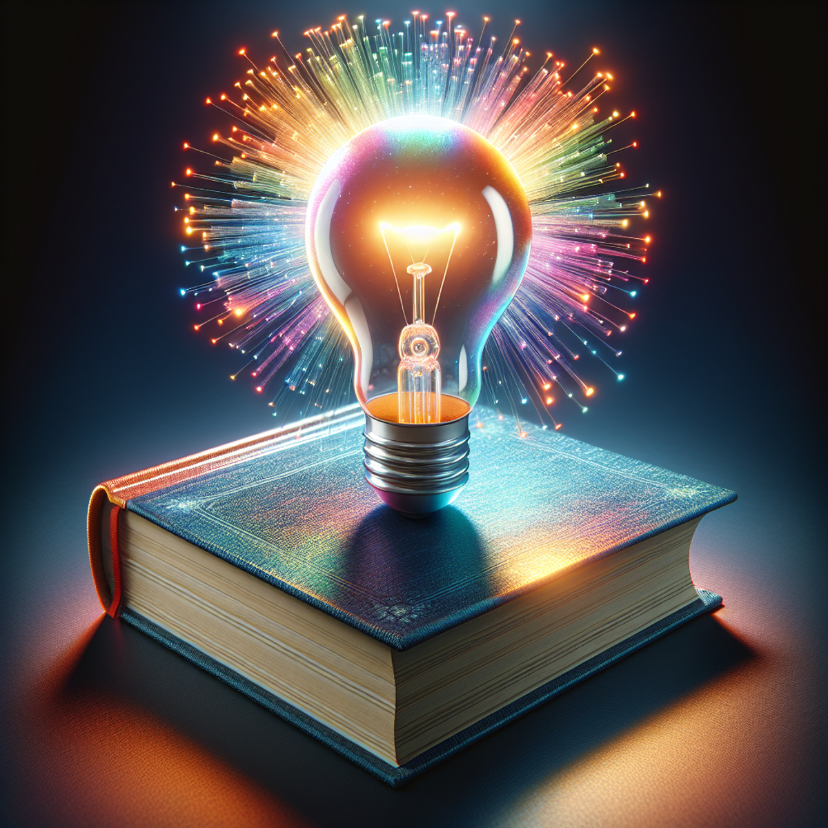 A brightly colored book with a glowing light bulb perched on top, emitting a warm, iridescent glow.