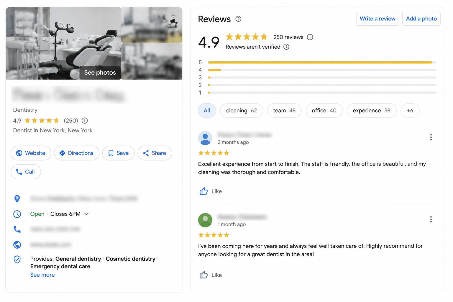 Google Business Profile showing strong patient reviews for a New York dental practice, with identifying details blurred.