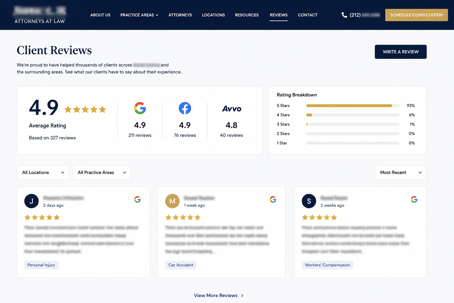 Google Business Profile showing strong patient reviews for a law firm
