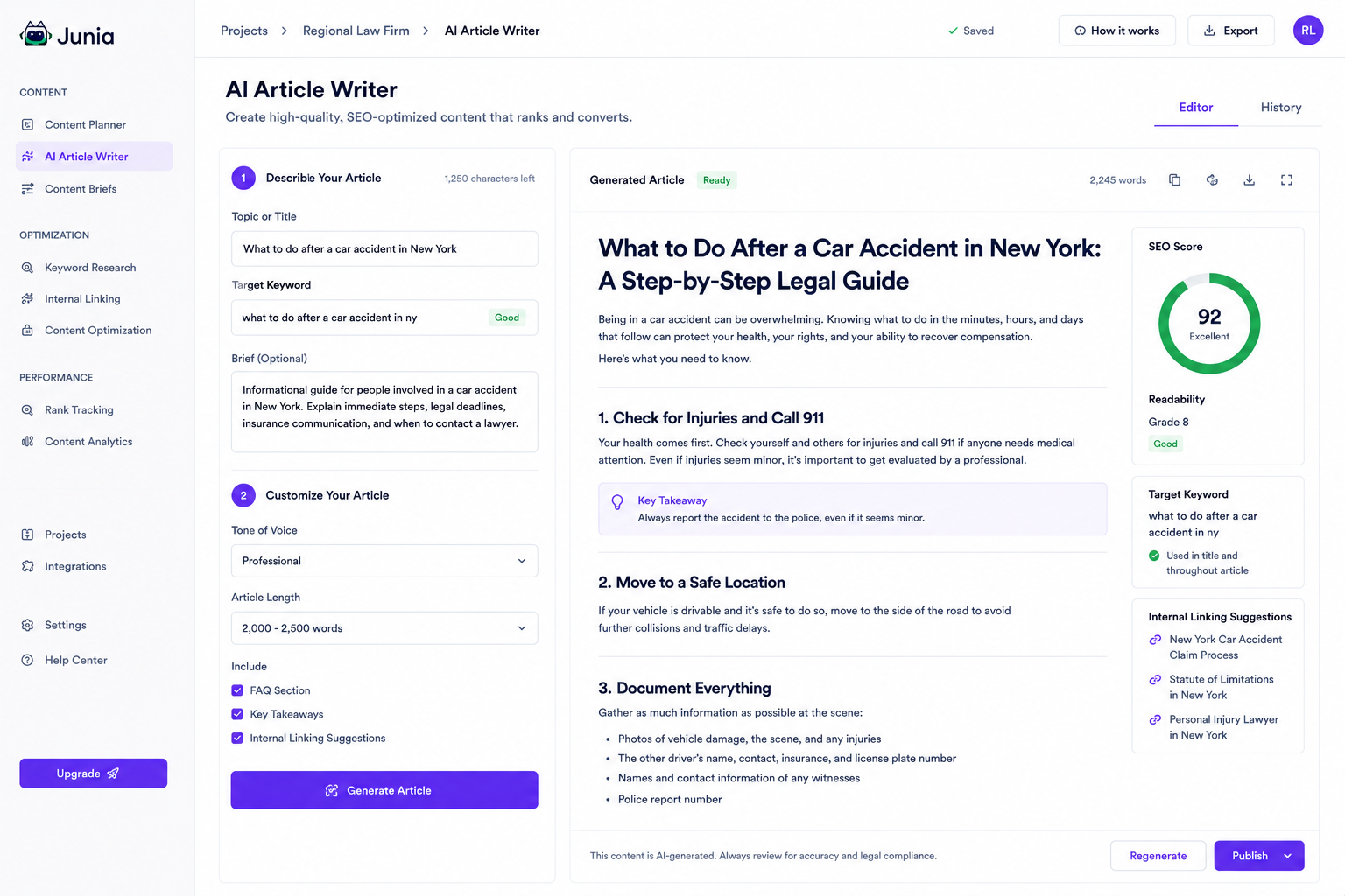 Screenshot of using Junia AI's AI Article Writer to research topics and create content