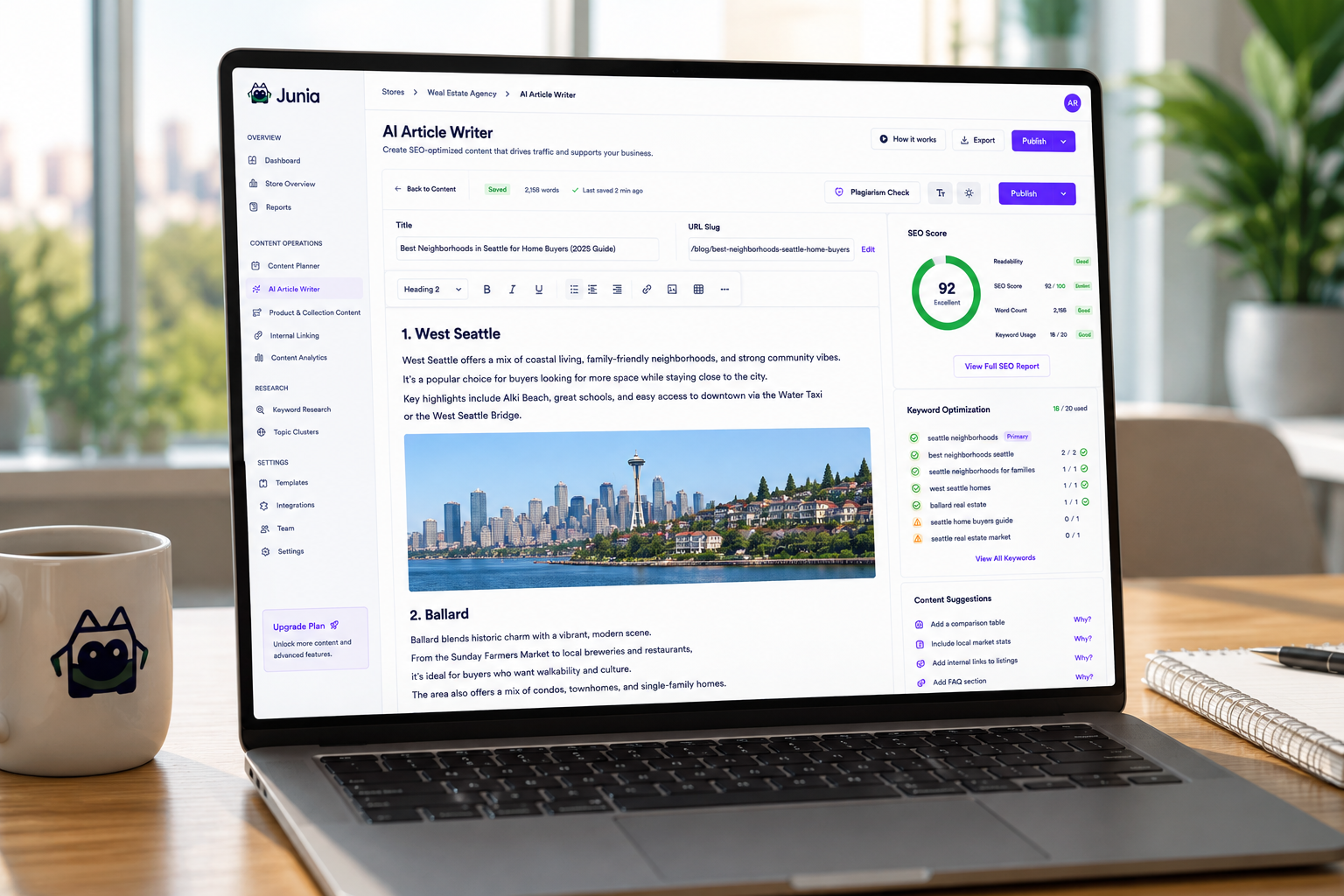 Junia AI Article Writer creating an SEO-optimized Seattle neighborhood guide for a real estate agency