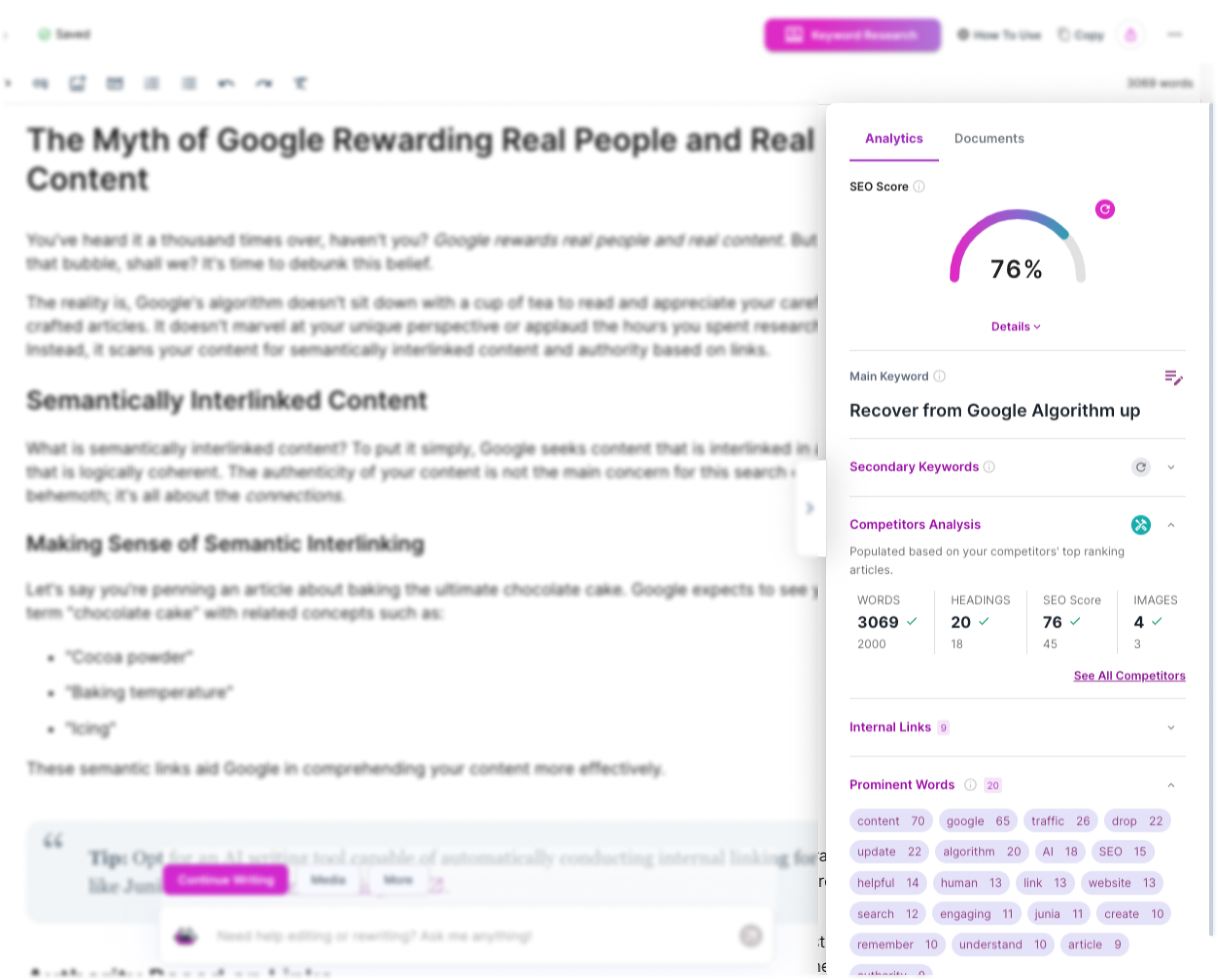 A detailed SEO scoring chart visually representing a blog post's strengths and weaknesses based on key factors such as keyword density, relevance, and readability for ranking on Google.