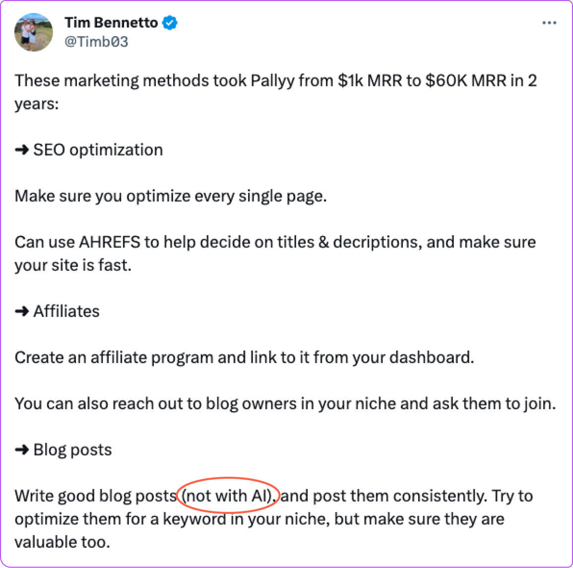 A twitter user with handle @Timb03 advocating not to use AI to write blog posts which is a commonly known misconception on AI written content.