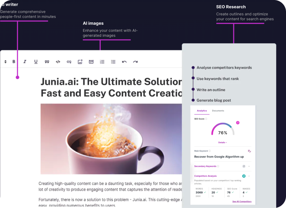 Junia AI's text editor with real time seo suggestions for improving for a perfect semantic seo content scoring for parasite seo.