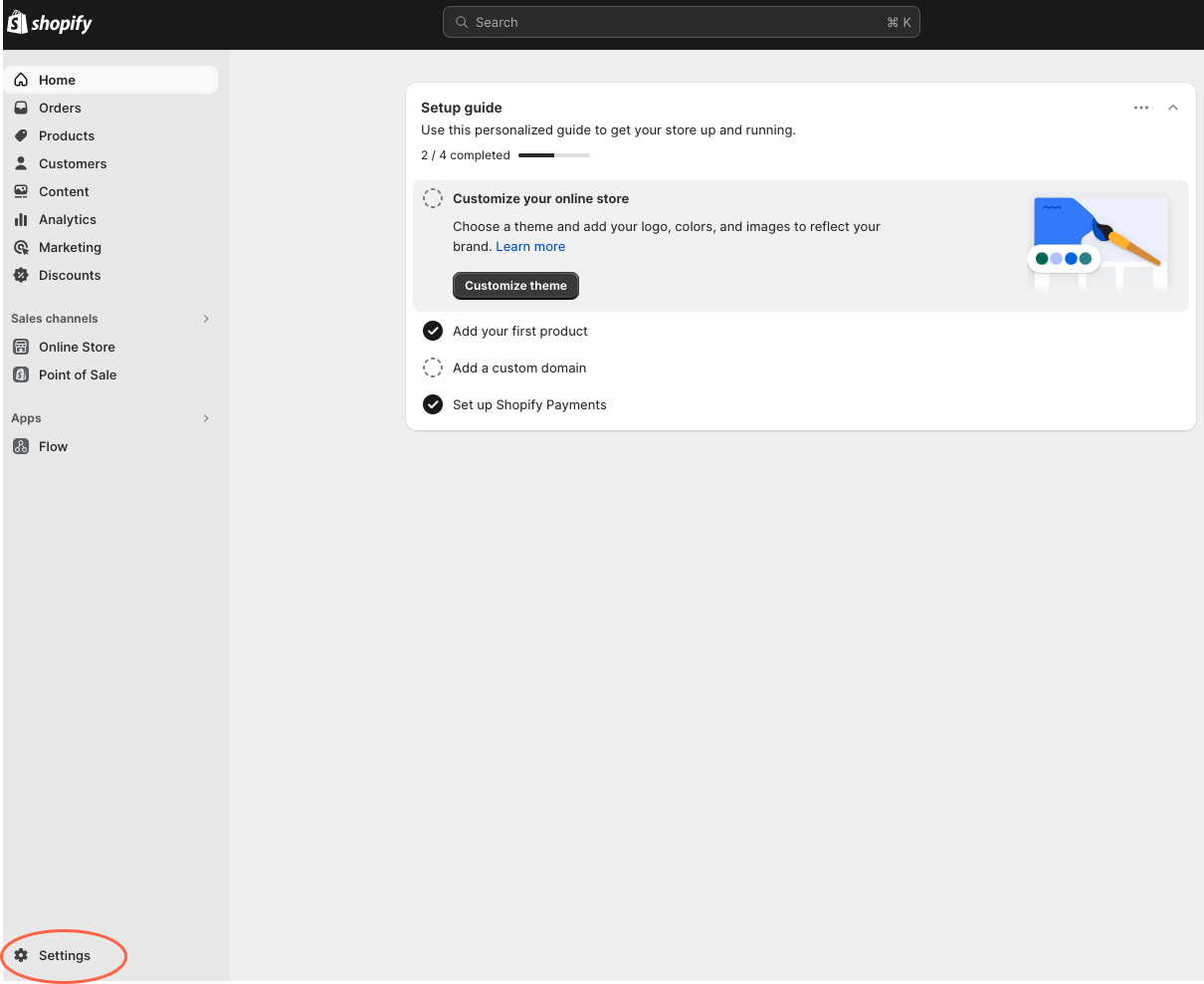 Navigate to the "Settings" of your Shopify store.