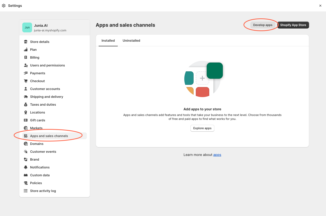 Select the "Apps and Sales Channels" tab, then click on "Develop Apps".