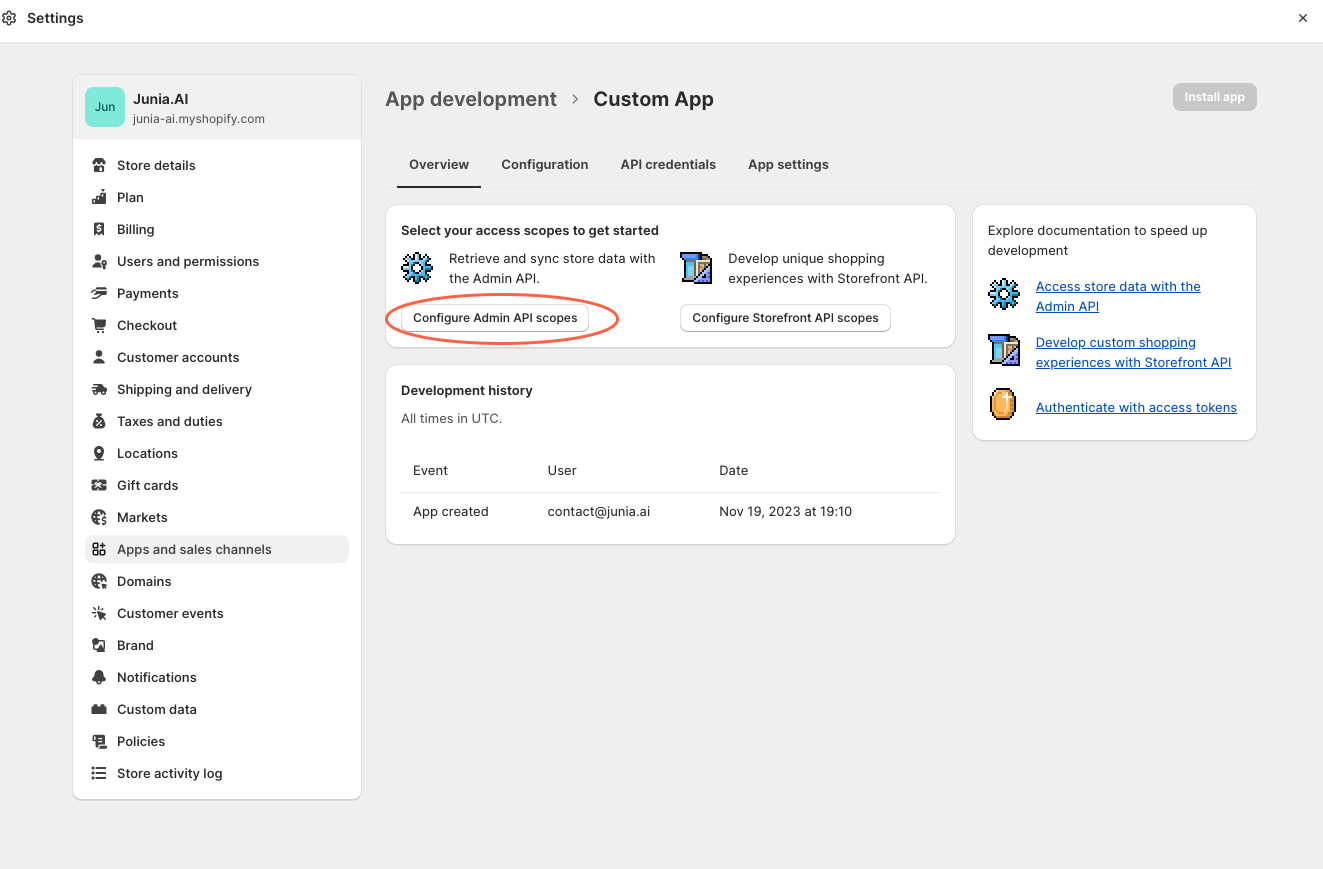 After creating your app, click on "Configure Admin API Scopes".